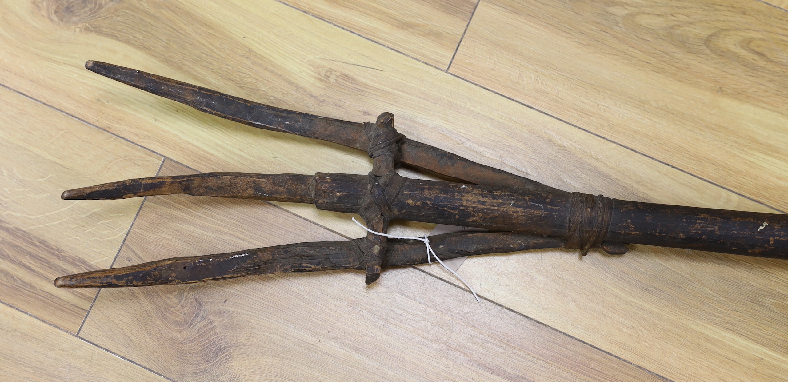 A primitive hay-maker's pitch fork, 225cm in length